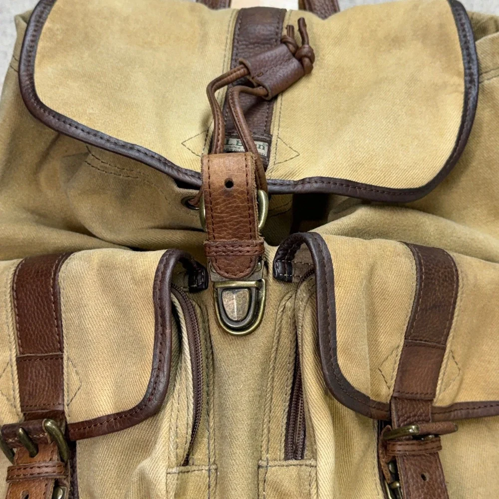 Vintage LL Bean Continental Rucksack Waxed Canvas Leather Backpack Tan Brown 90s